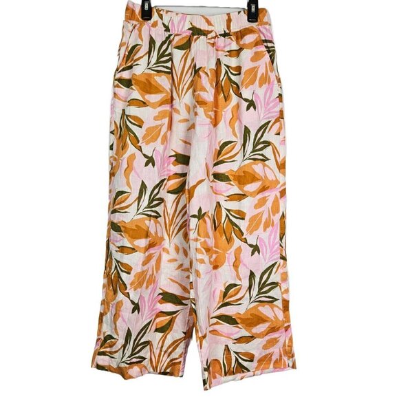 C&C California 100% Linen Floral Leaf Print Pull On Crop Wide Leg Pant L - Picture 1 of 6